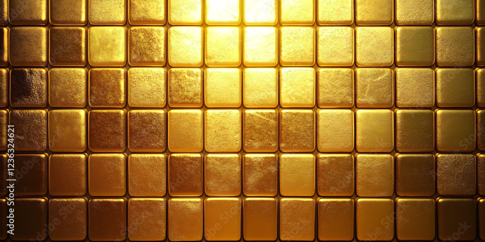 Poster a close-up view of a gleaming golden tiled surface, each square reflecting light and creating a mesm