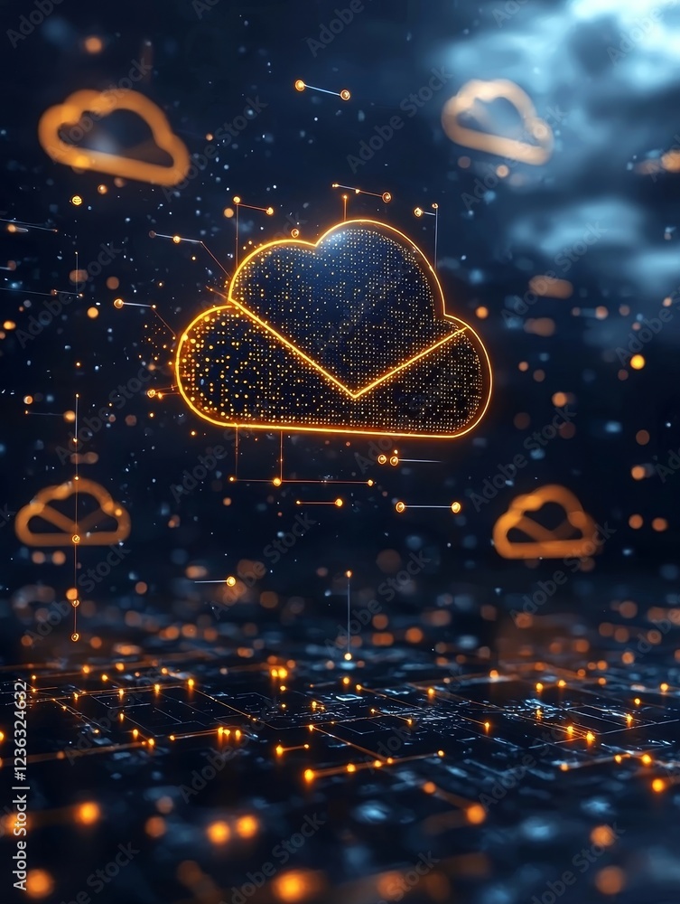 Poster glowing cloud based email icon representing seamless digital and access