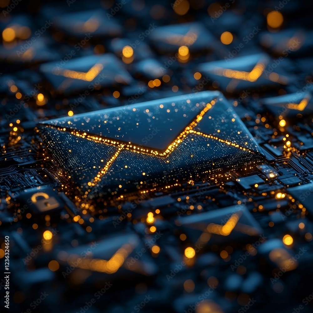 Poster glowing email icon surrounded by shields and locks representing secure digital communications