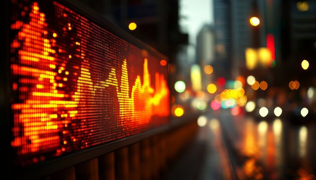 Financial Market Display, Upward Trending Line Chart, Red And Orange, City Lights, Finance