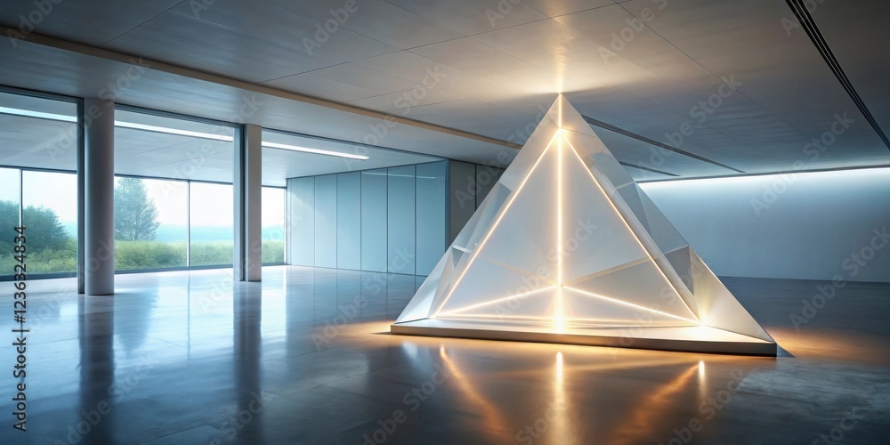 Aufkleber A luminous pyramid sculpture in a minimalist gallery setting, bathed in soft light from a concealed source, casting geometric shadows on the polished floor.