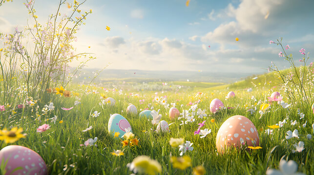 A rustic country field alive with wildflowers dancing in a gentle breeze, accented by artfully hidden Easter eggs amid tall, swaying grasses