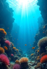 Obraz premium World ocean wildlife landscape with sunlight shining through water surface. Coral reef and swimming fish on the ocean. World Oceans Day. Beautiful underwater background