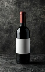 A red wine bottle with a white label on a dark grey background, product photography, front view. The label is blank, and there is a blank black box of text in the bottom right corner. 