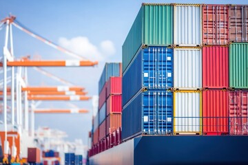 Fototapeta premium Colorful shipping containers stacked at a harbor, symbolizing global trade and logistics operations.