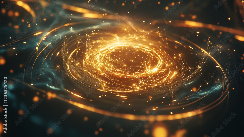 Poster abstract visualization of golden particles swirling with blue, creating a dynamic glowing vortex