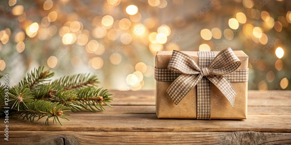 Poster A Rustic Gift Box Adorned with a Gingham Bow on a Weathered Wooden Table with a Blurred Background of Sparkling Lights and Pine Branches
