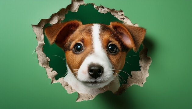 Nahaufnahme eines Jack-Russell-Welpen aus einem zerfetzten Loch in der Wand vor gr&uuml;nem Hintergrund