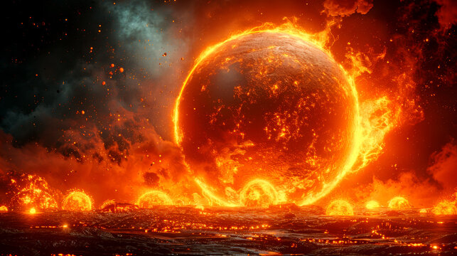 A globe surrounded by a ring of giant volcanic eruptions, with realistic lava flows and ash clouds spreading across multiple regions. 