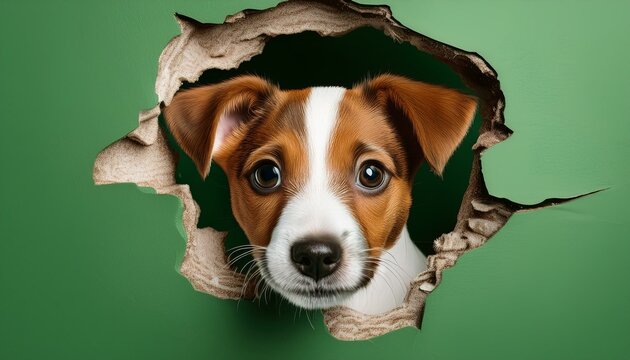 Nahaufnahme eines Jack-Russell-Welpen aus einem zerfetzten Loch in der Wand vor gr&uuml;nem Hintergrund