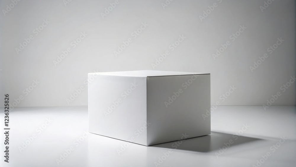 Poster a white box with a subtle shadow on a white surface in a minimalist setting.