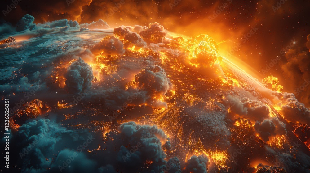 Poster a globe surrounded by a ring of volcanic eruptions, with realistic lava flows and ash clouds spreadi
