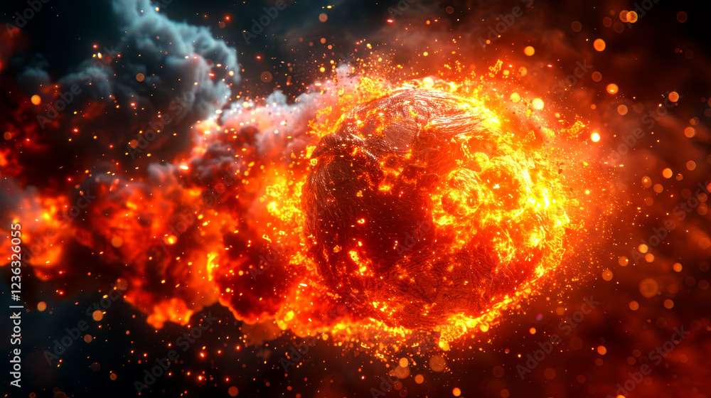 Poster a globe surrounded by a ring of volcanic eruptions, with realistic lava flows and ash clouds spreadi