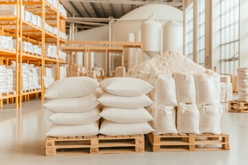 Warehouse Filled With Flour Bags on Wooden Pallets Next to Industrial Shelving and Milling Equipment in a Large Space