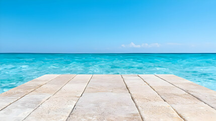 Obraz premium Beach, wooden dock, turquoise ocean, clear sky, summer vacation