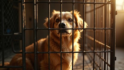 Sad dog waits behind cage bars
