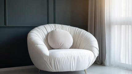  Close-Up of White Plush Sofa with Round Pillow – Modern Armchair in Stylish Living Room