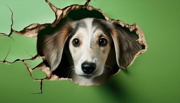Nahaufnahme eines Saluki-Welpen aus einem zerfetzten Loch in der Wand vor gr&uuml;nem Hintergrund