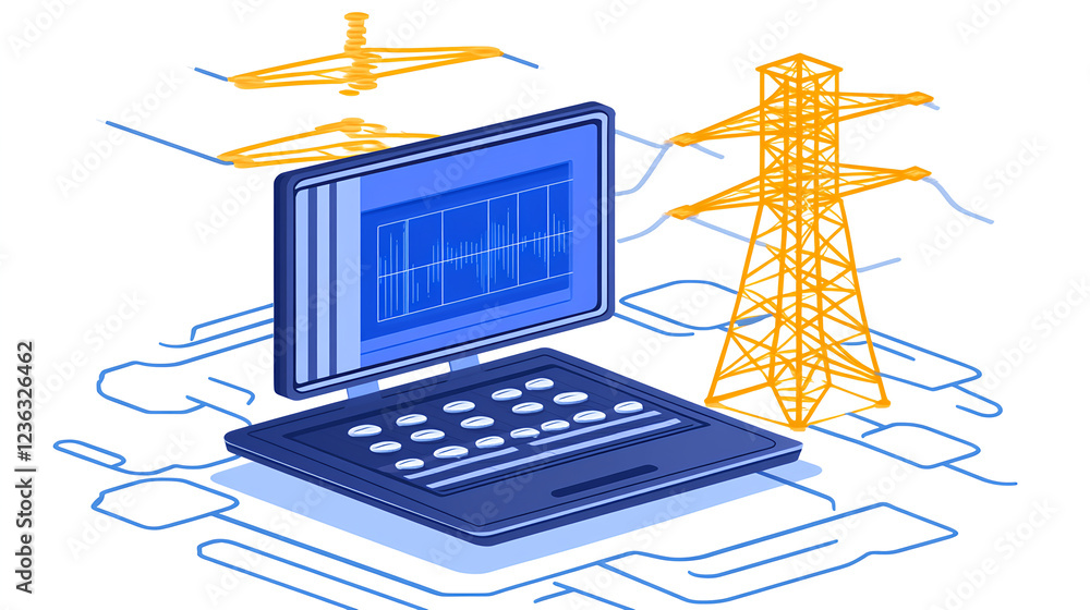 Aufkleber monitoring energy systems computer interface and power lines digital illustration urban environment 