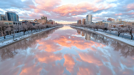 Fototapeta premium City river sunrise reflection winter cityscape
