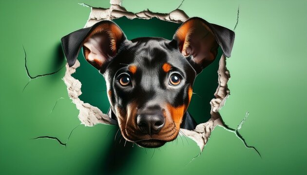 Nahaufnahme eines Dobermann-Welpen aus einem zerfetzten Loch in der Wand vor gr&uuml;nem Hintergrund