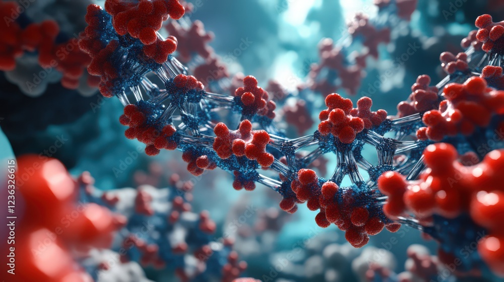 Poster detailed render of a virus structure with red spikes on a blue background