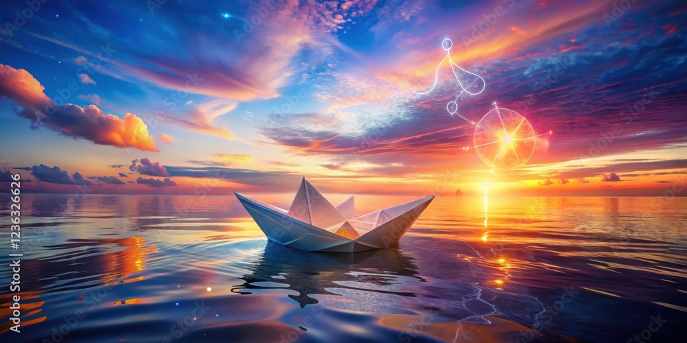 Poster a paper boat sails towards a radiant sunset on a serene ocean, guided by a celestial compass in the 