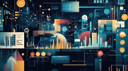 Global data network visualization; interconnected charts, graphs, and digital elements illustrate complex information flow, ideal for technology or business reports
