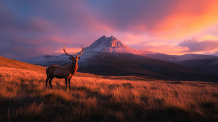 Naklejka premium majestic stag stands in golden field during vibrant sunrise, with snow capped mountain in background. scene captures beauty of nature and tranquility
