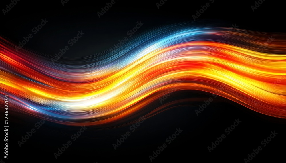 Poster vivid spectrum waves, abstract flowing lines on black background, dynamic colorful design element