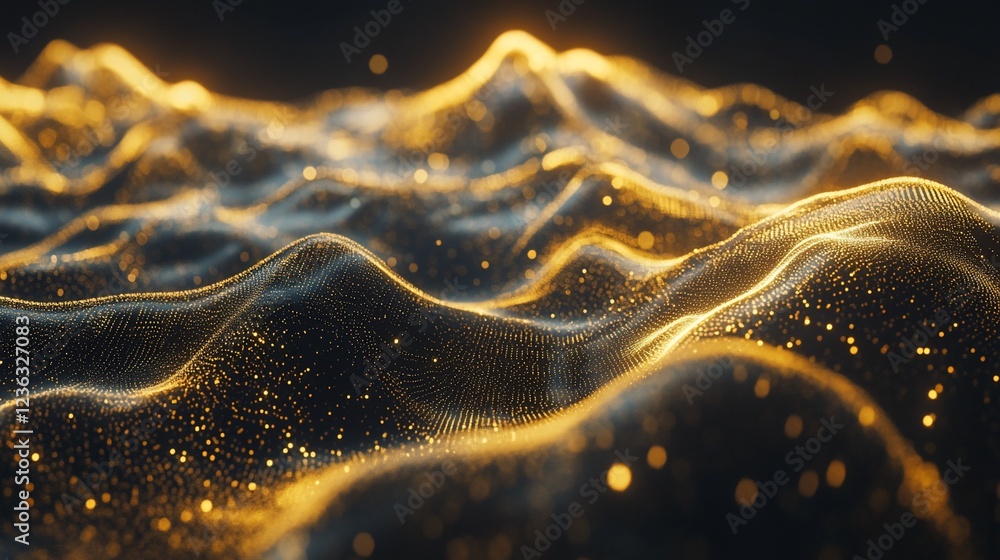Poster abstract golden particle waves create a smooth flowing terrain on a dark background