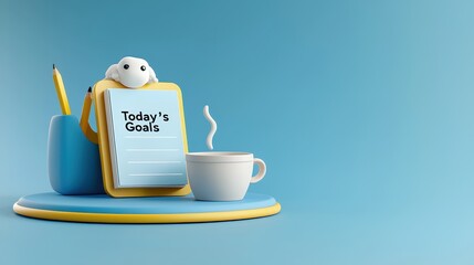 A cheerful workspace scene featuring a notepad labeled 'Today's Goals,' a cup, and a pen on a bright blue surface, promoting productivity and motivation.