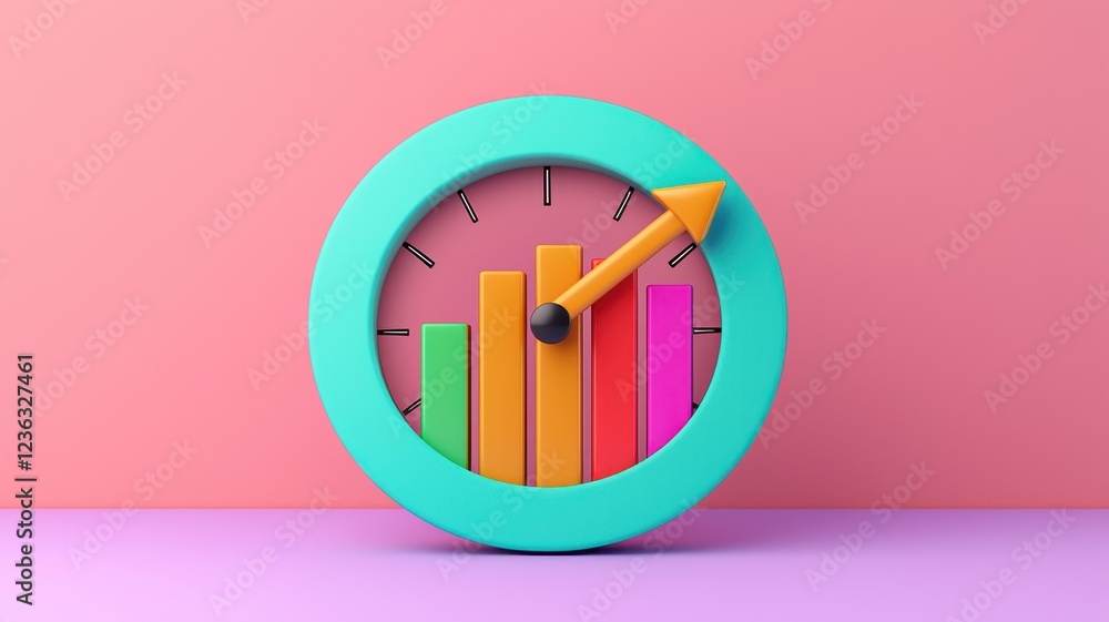 Poster colorful clock with upward trending bar graph illustrating time based growth and progress