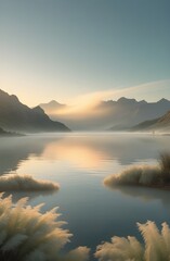 Obraz premium Peaceful Nature View with Gentle Mist and Warm Sunset Glow Wallpaper Art 