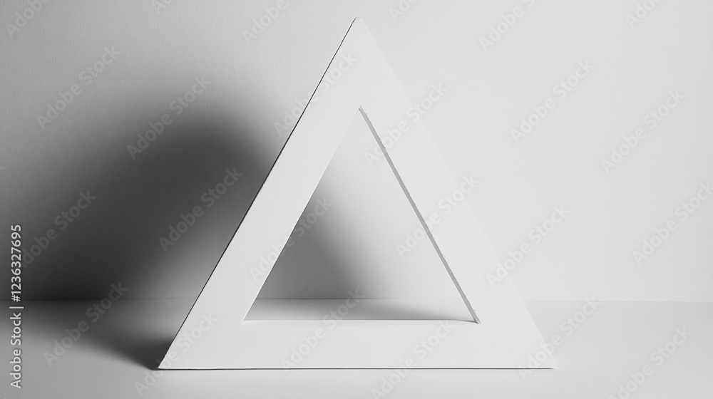Poster a minimalistic white triangle frame against a seamless white background creating subtle shadows