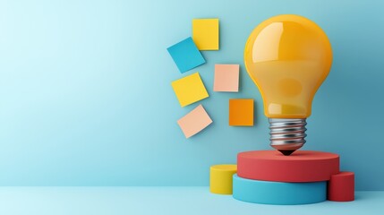 A vibrant yellow light bulb sits atop colorful shapes, symbolizing creativity and ideas against a soft blue background.