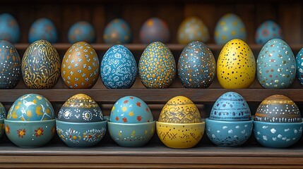 A family-friendly Easter egg painting station with bowls of colorful paint, brushes, and decorated eggs on a table.