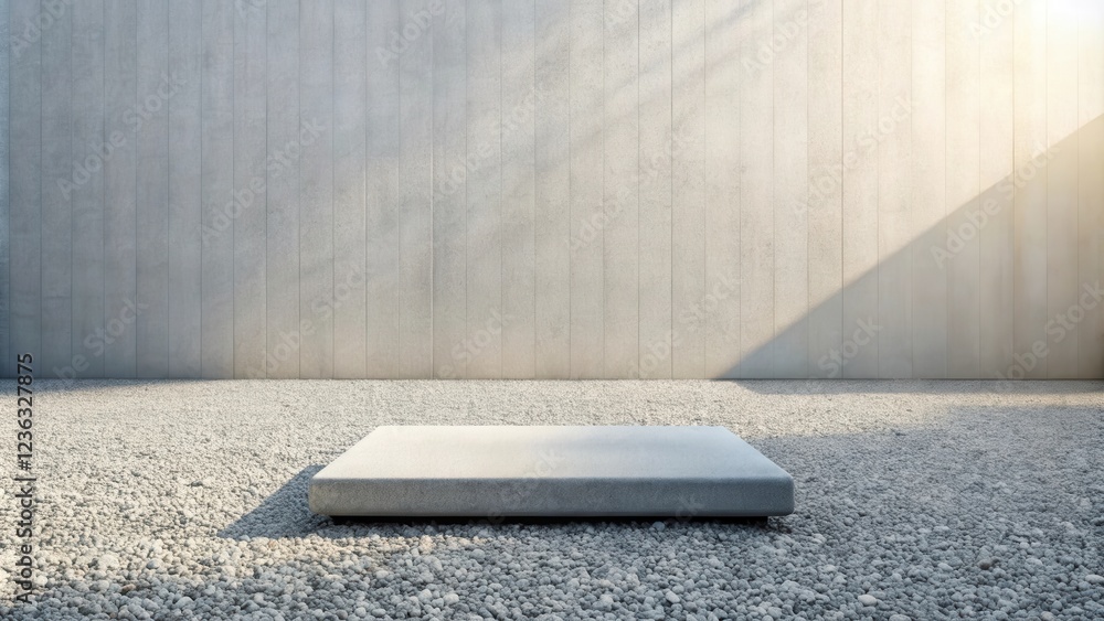 Poster a minimalist concrete platform set against a textured wall, with a scattering of pebbles beneath and