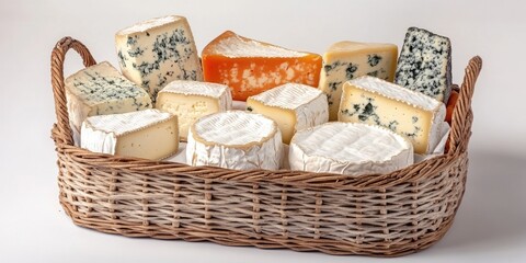 Obraz premium A selection of artisan cheeses in a woven basket, perfect for a platter or as part of an appetizer assortment.