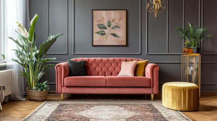  Luxury Interior – Velvet Sofa, Wooden Commode & Elegant Decor in Classic Living Room