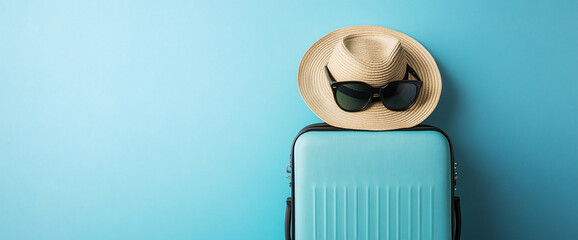 A turquoise suitcase with a straw hat and black sunglasses on top, symbolizing summer vacation,...