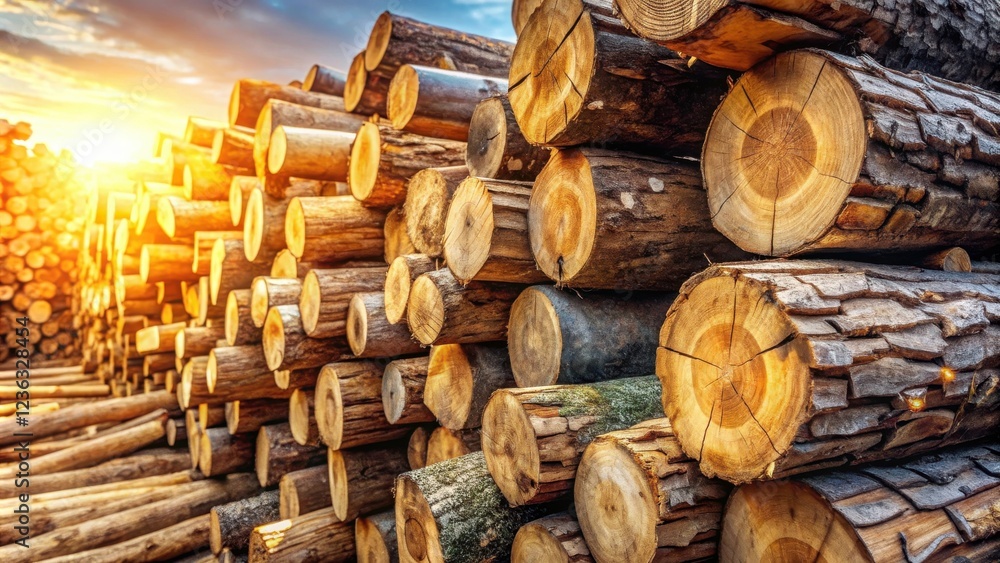 Poster a stack of timber logs, felled and piled high, bathed in the golden glow of the setting sun, a symbo