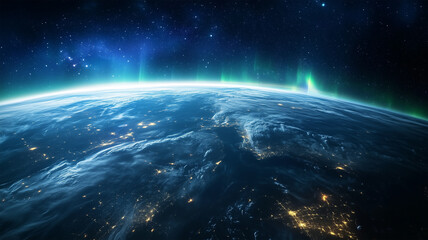 Fototapeta premium 宇宙から見た地球のカーブに沿って輝く幻想的なオーロラ