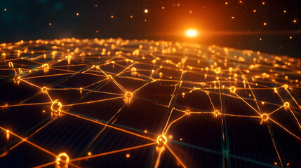 Fototapeta premium A visual representation of solar panels connected to a network of energy flowing from the sun to the earth.