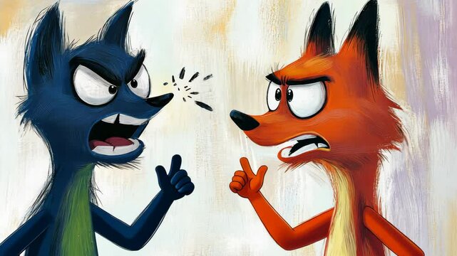 Blue wolf and red fox arguing and pointing fingers