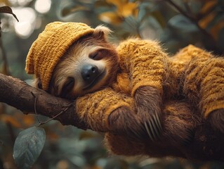Fototapeta premium Sleepy Sloth in Pastel Yellow Pajamas Hanging from Tree Branch with Tiny Nightcap