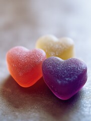 Obraz premium Three heart-shaped candies in vibrant pastel colors, with sugar coating. A delightful dessert item, perfect for a sweet treat or a festive occasion.