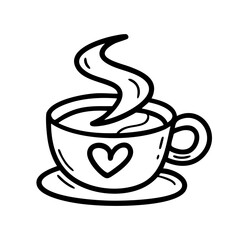 Black and white hand drawn doodle illustration of a coffee cup with steam and a heart, symbolizing warmth, relaxation, and love for coffee or tea.
