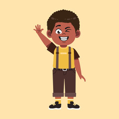 Cute African Black Boy with Afro Hair cartoon wave hand and say hello