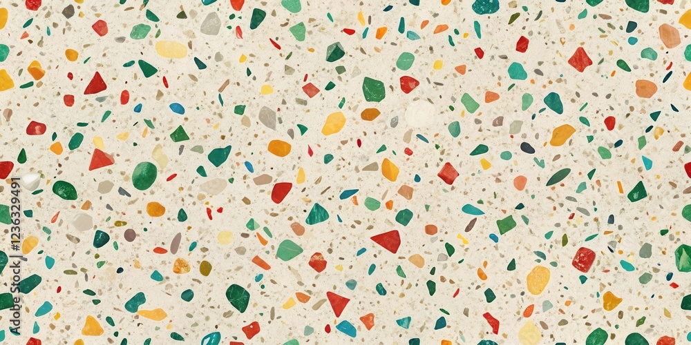 Poster Abstract Terrazzo Pattern with Irregular Shapes and Colorful Chips on a Beige Background